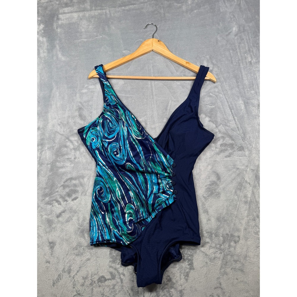 Maxine of Hollywood One Piece Swimsuit Women 22W Blue Teal Silver Metallic Swirl